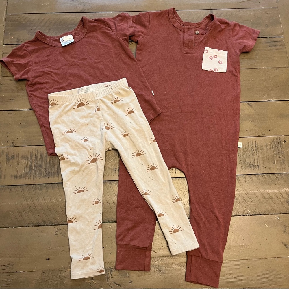 12-18M Jax and Lennon romper, tee, and leggings set